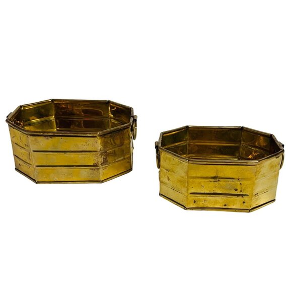 Pair Of Nesting Brass Octagonal Planters With Handles Bowl Basket VTG 60s - Picture 1 of 16
